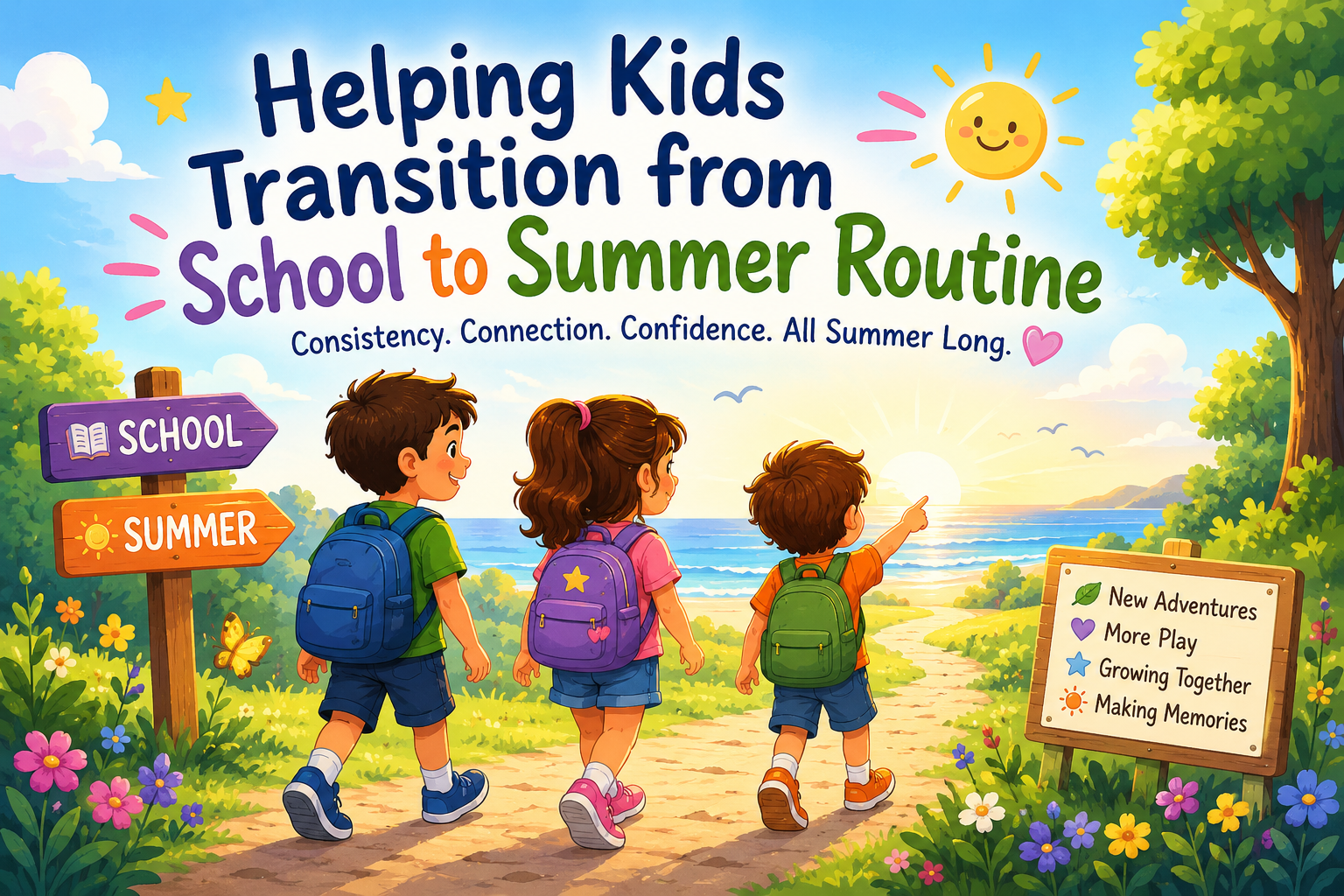Colorful cartoon illustration of children and parents transitioning from the school year into summer with sunshine, playful activities, and calming family routines.