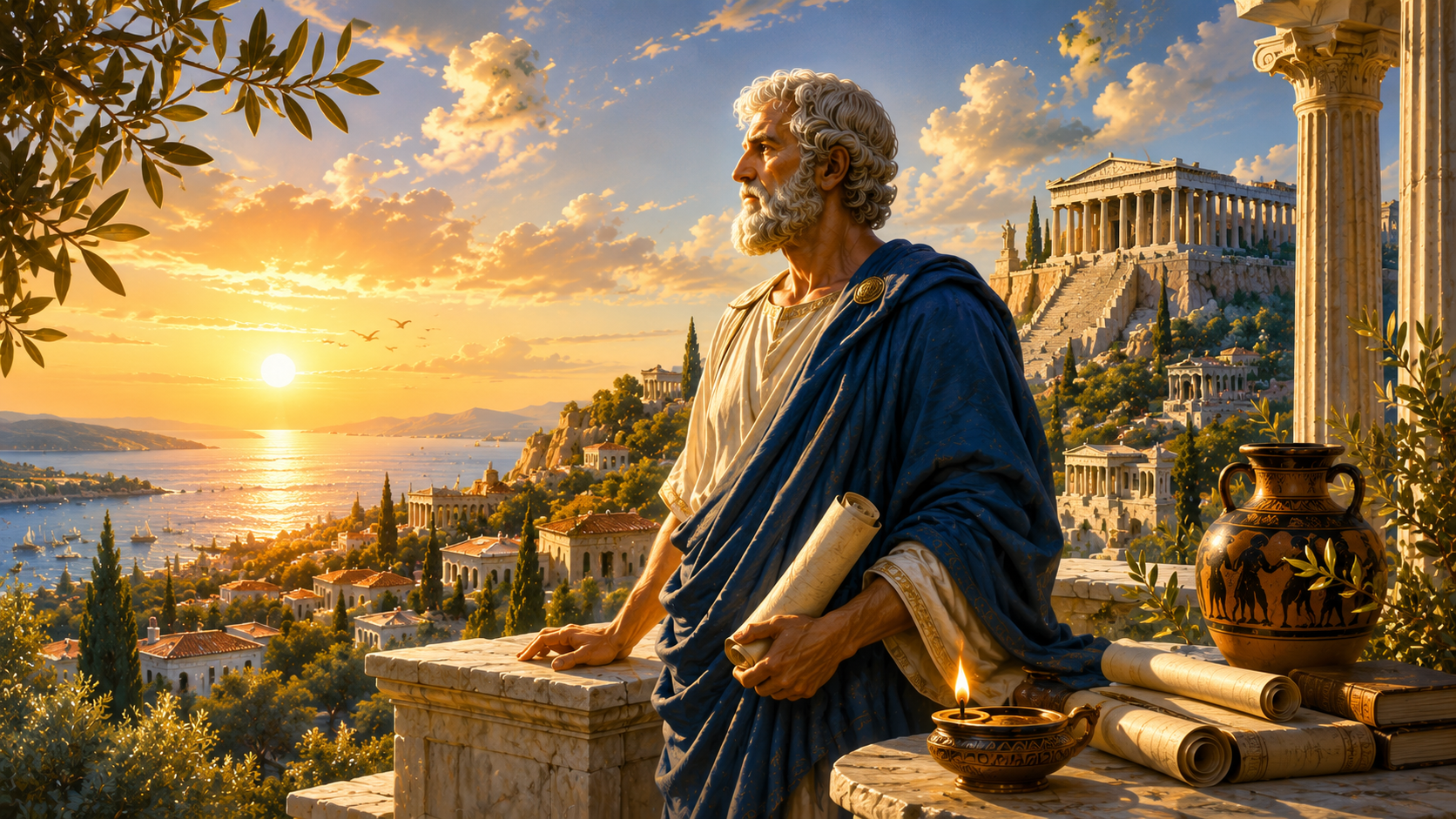 An elderly Greek philosopher overlooking a sunlit coastal city and marble temples in ancient Greece, symbolizing wisdom, reflection, and the pursuit of a flourishing life.