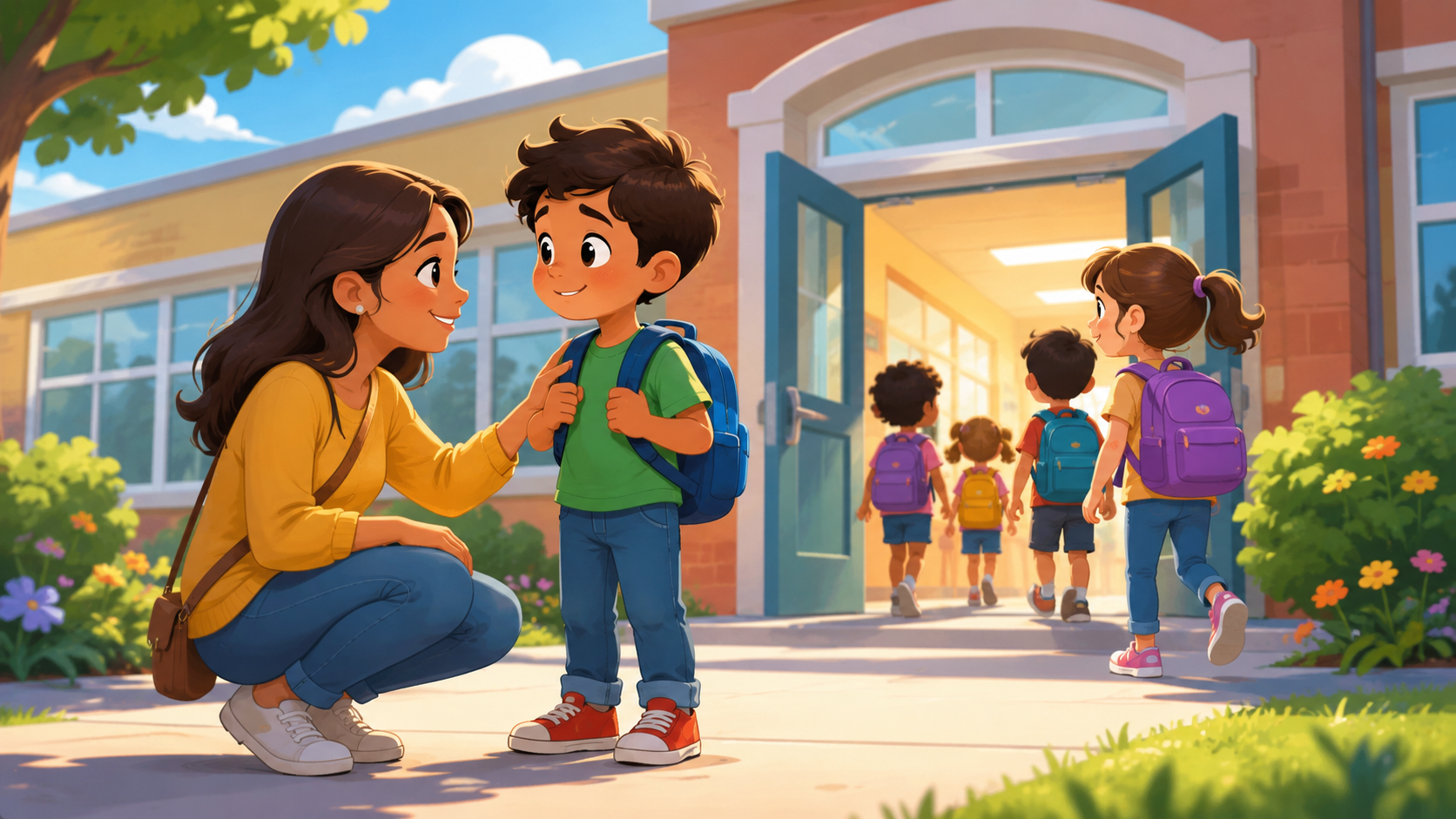 Back to School Anxiety - Mental Health Therapy in Las Vegas | Family & Adults Therapy A parent reassures a child outside a welcoming school as students arrive for the first day of class.